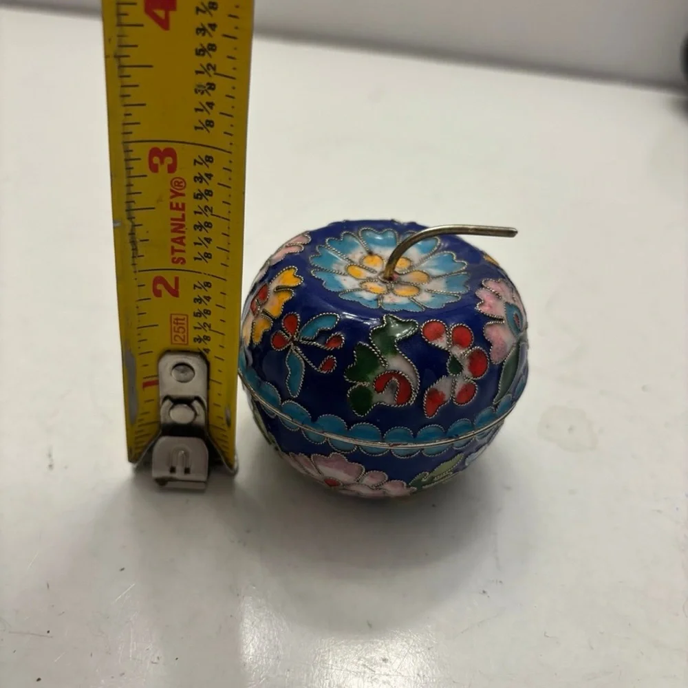 Vintage Chiness Apple Fruit Stem Shape with Flowers Metal Trinket Box